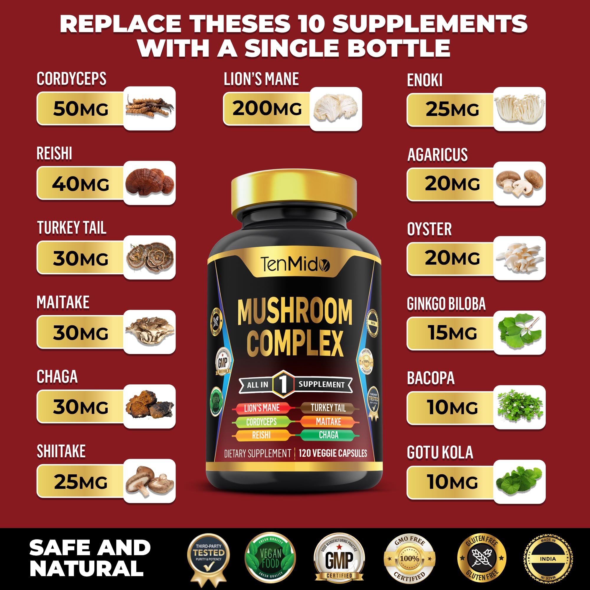 Tenmido Mushroom Complex capsules closeup ready for convenient daily use.