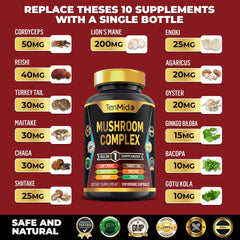 Tenmido Mushroom Complex capsules closeup ready for convenient daily use.