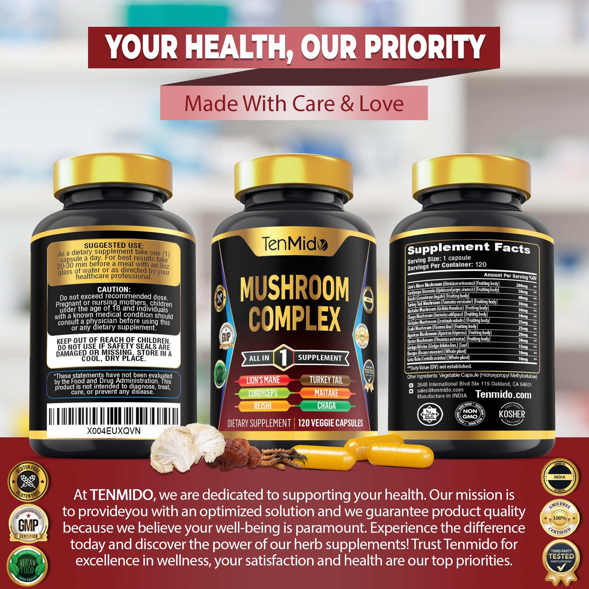 Tenmido Mushroom Complex packaging with certification icons conveys quality.