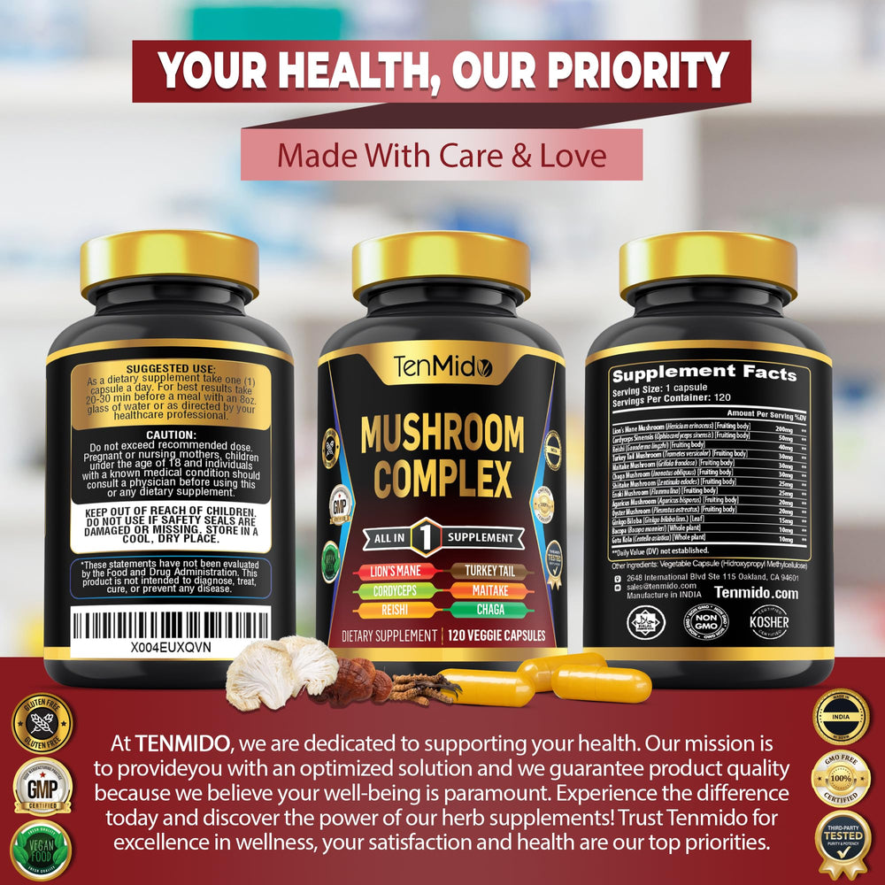 Tenmido Mushroom Complex packaging with certification icons conveys quality.