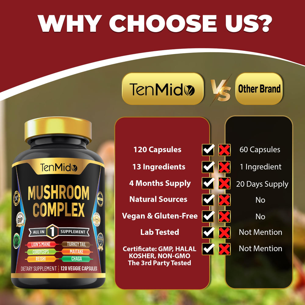 Tenmido Mushroom Complex 30:1 Lion's Mane extract visual emphasis.