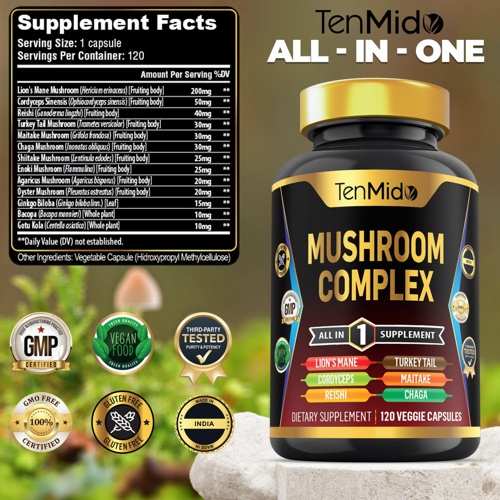 Tenmido Mushroom Complex label closeup highlights potent extract ratios.