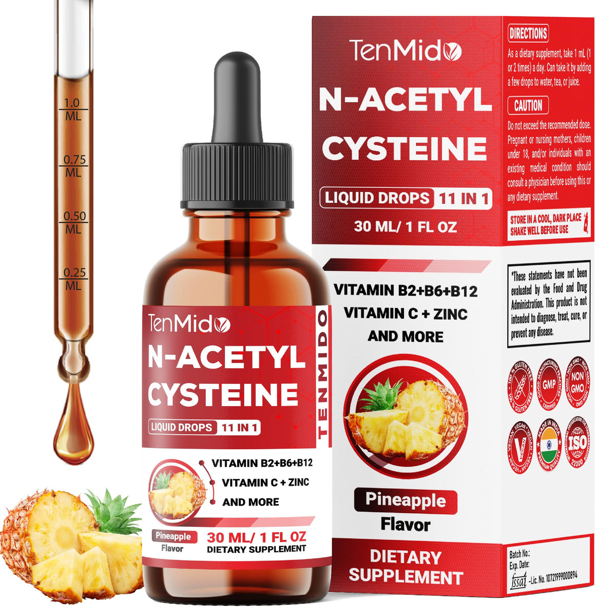 Tenmido NAC liquid drops bottle pour shows easy daily dosing for wellness