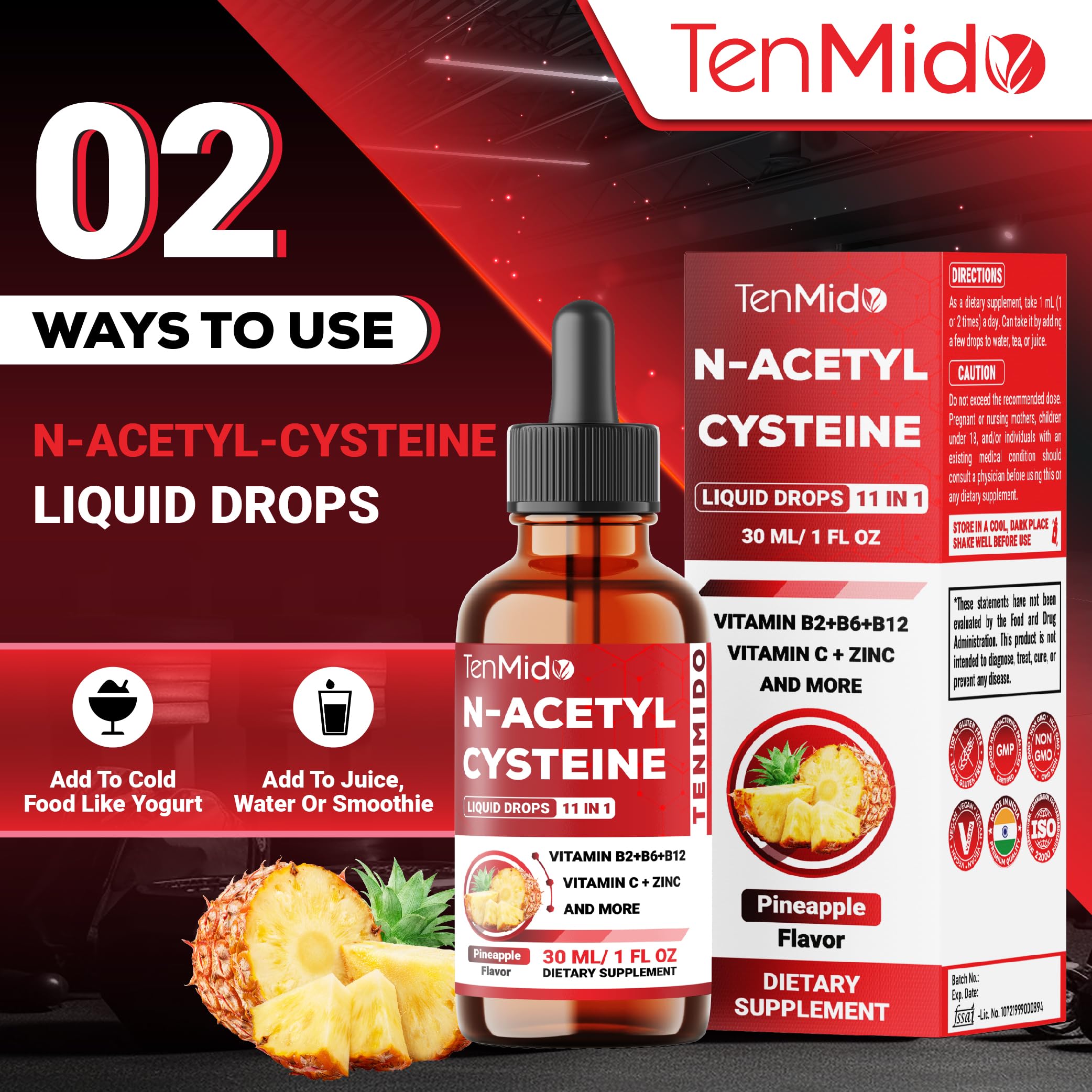 Tenmido NAC liquid drops glass bottle setup evokes clean, premium quality