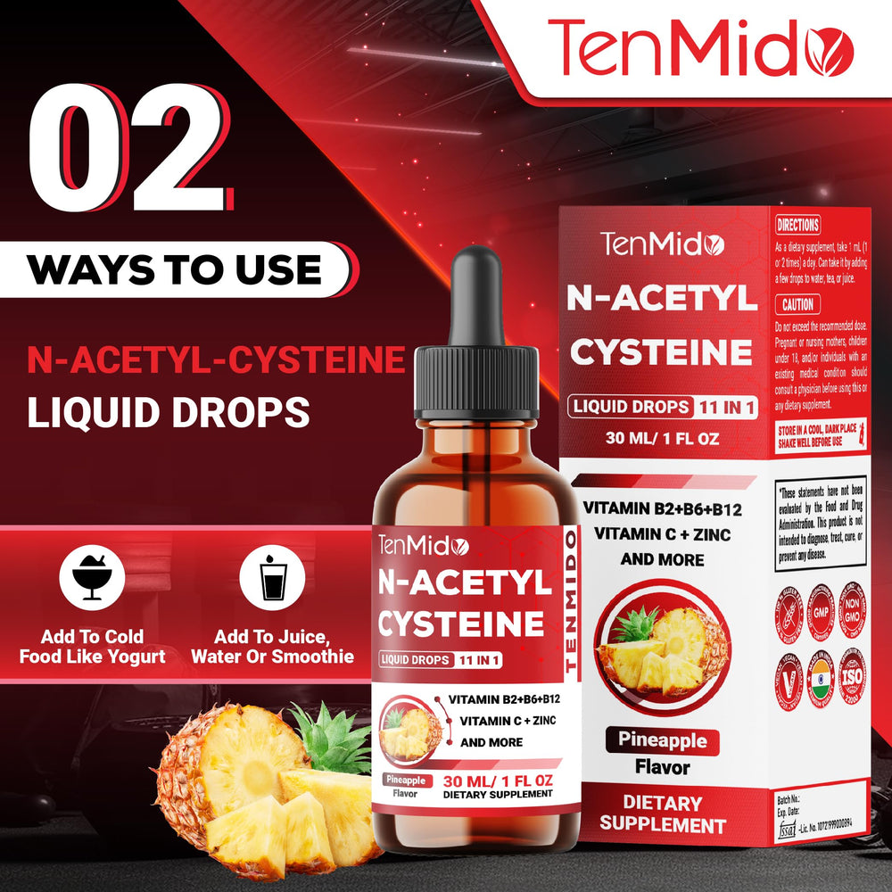 Tenmido NAC liquid drops glass bottle setup evokes clean, premium quality