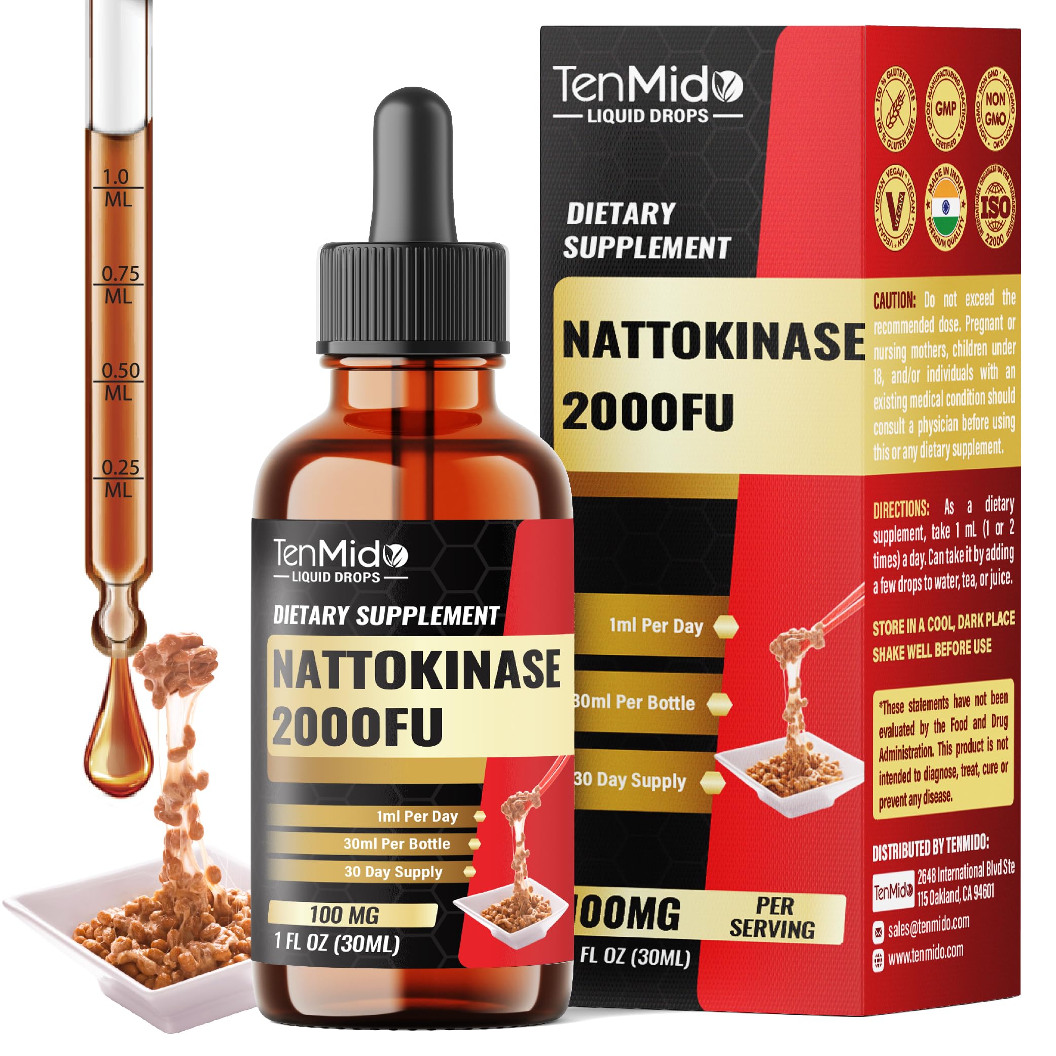 Tenmido nattokinase liquid drops bottle shown for convenient daily use.