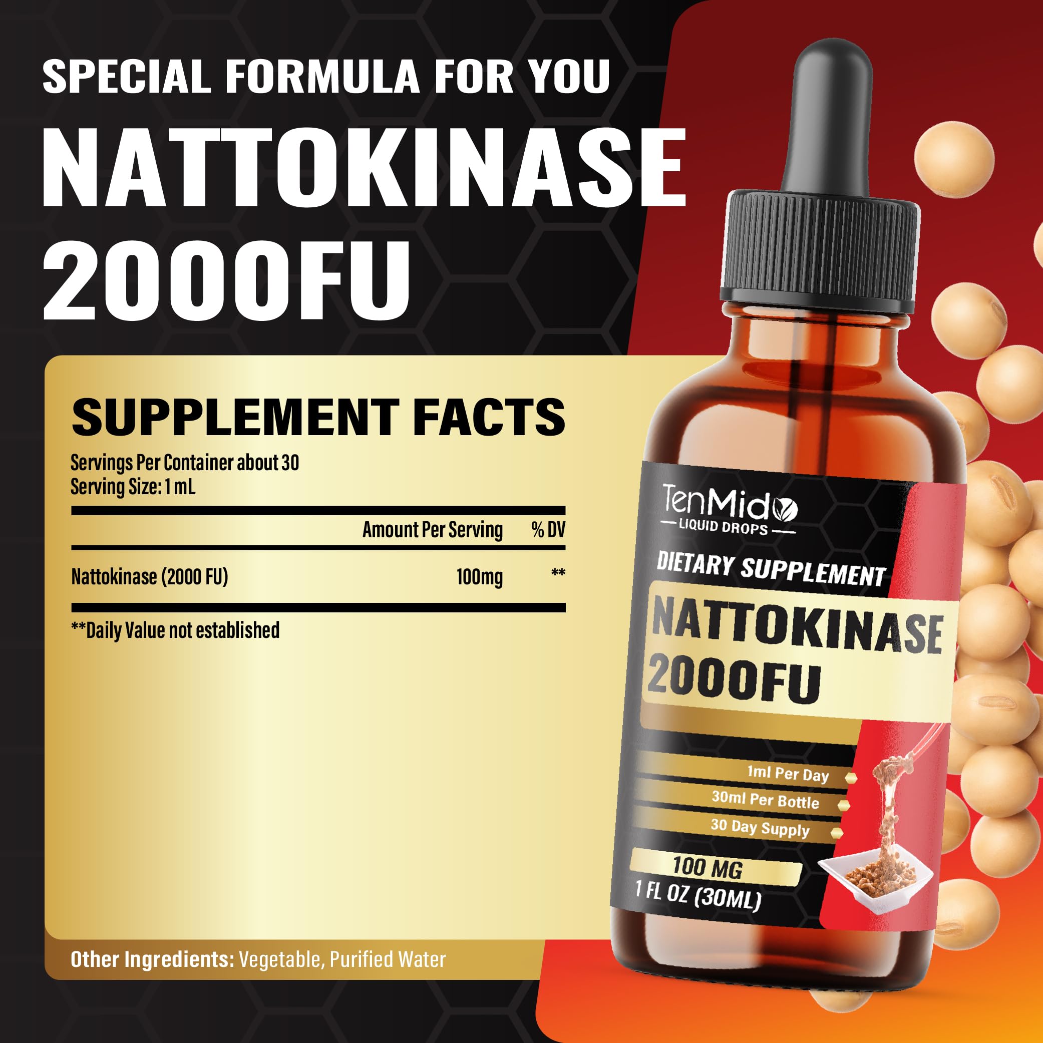 Nattokinase liquid drops dropper close-up emphasizes precise 1 ml servings.