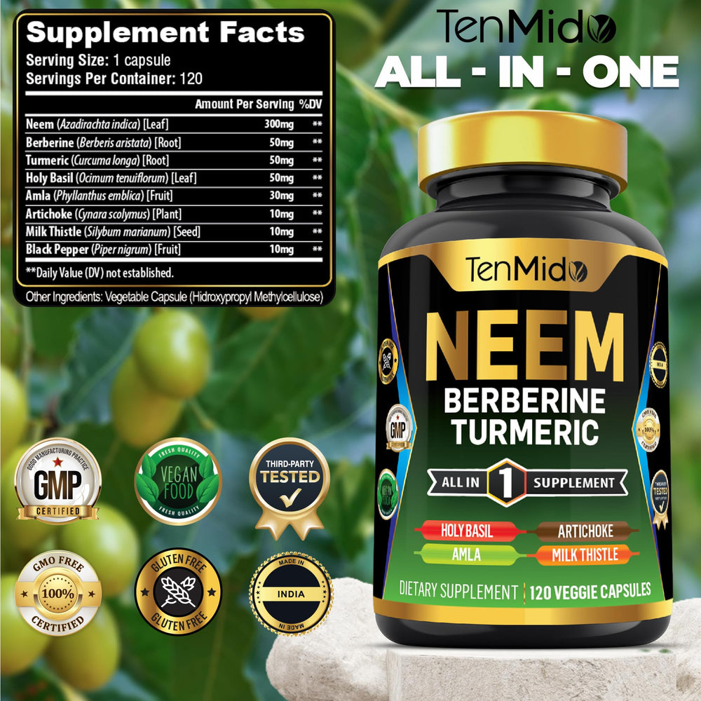 Close-up of Tenmido Neem Leaf capsules and blend.