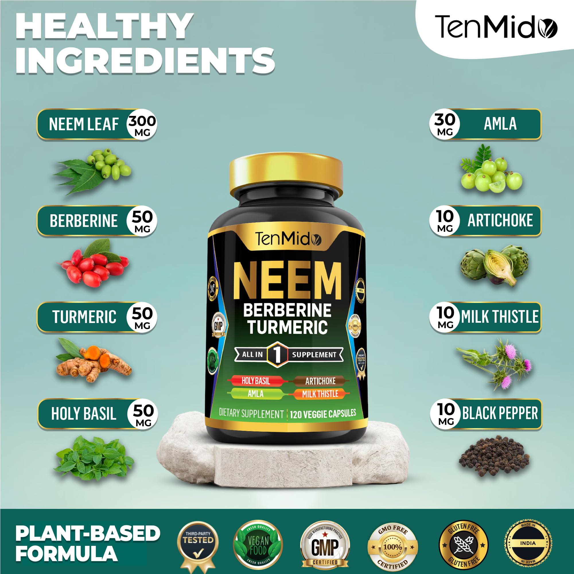 Tenmido Neem Leaf Supplement label with potency details.