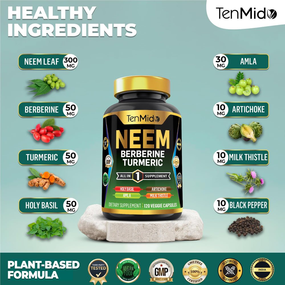 Tenmido Neem Leaf Supplement label with potency details.