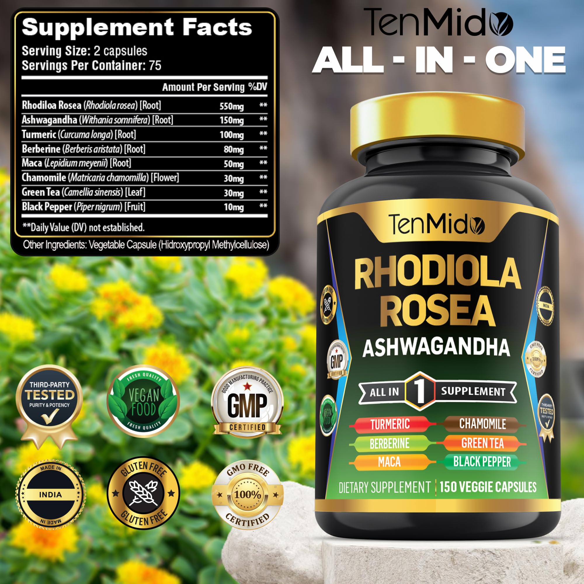 Tenmido Rhodiola Rosea capsules close-up, convenient vegan daily support.