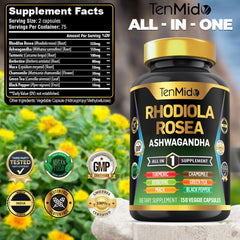 Tenmido Rhodiola Rosea capsules close-up, convenient vegan daily support.