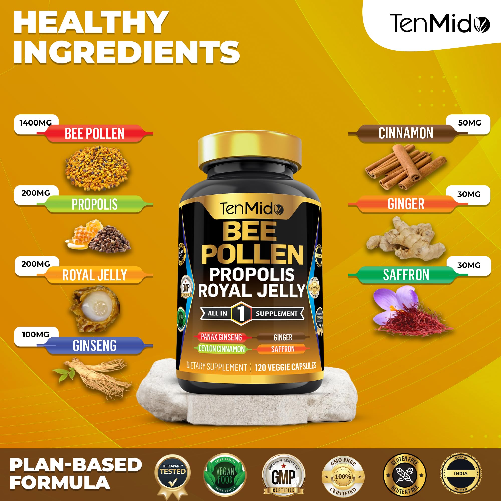 Tenmido Royal Jelly capsules representing premium vitality ingredients