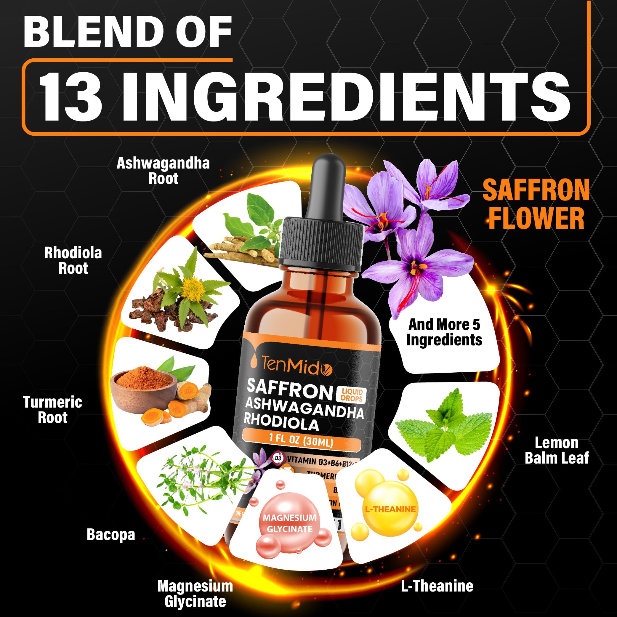 Tenmido saffon extract drops amber liquid in a glass for mindful daily routine