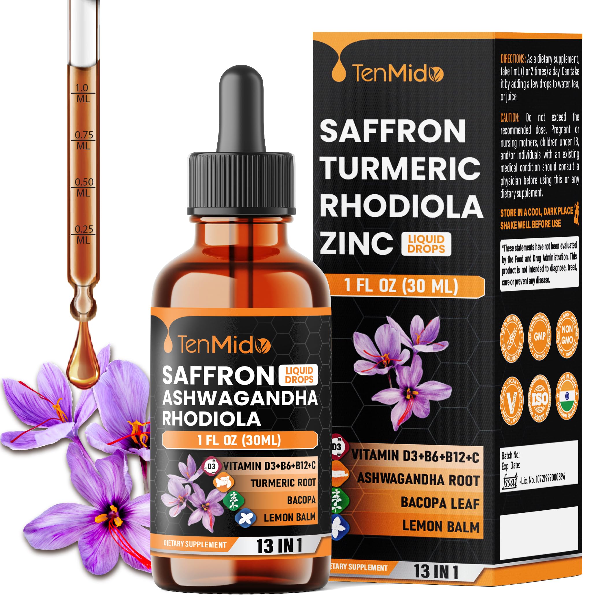 Tenmido Saffon Extract Drops bottle with 13-in-1 blend for daily balance and calm