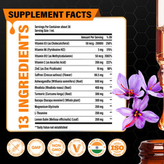 Tenmido saffon extract drops label close-up showing natural ingredients and wellness blend