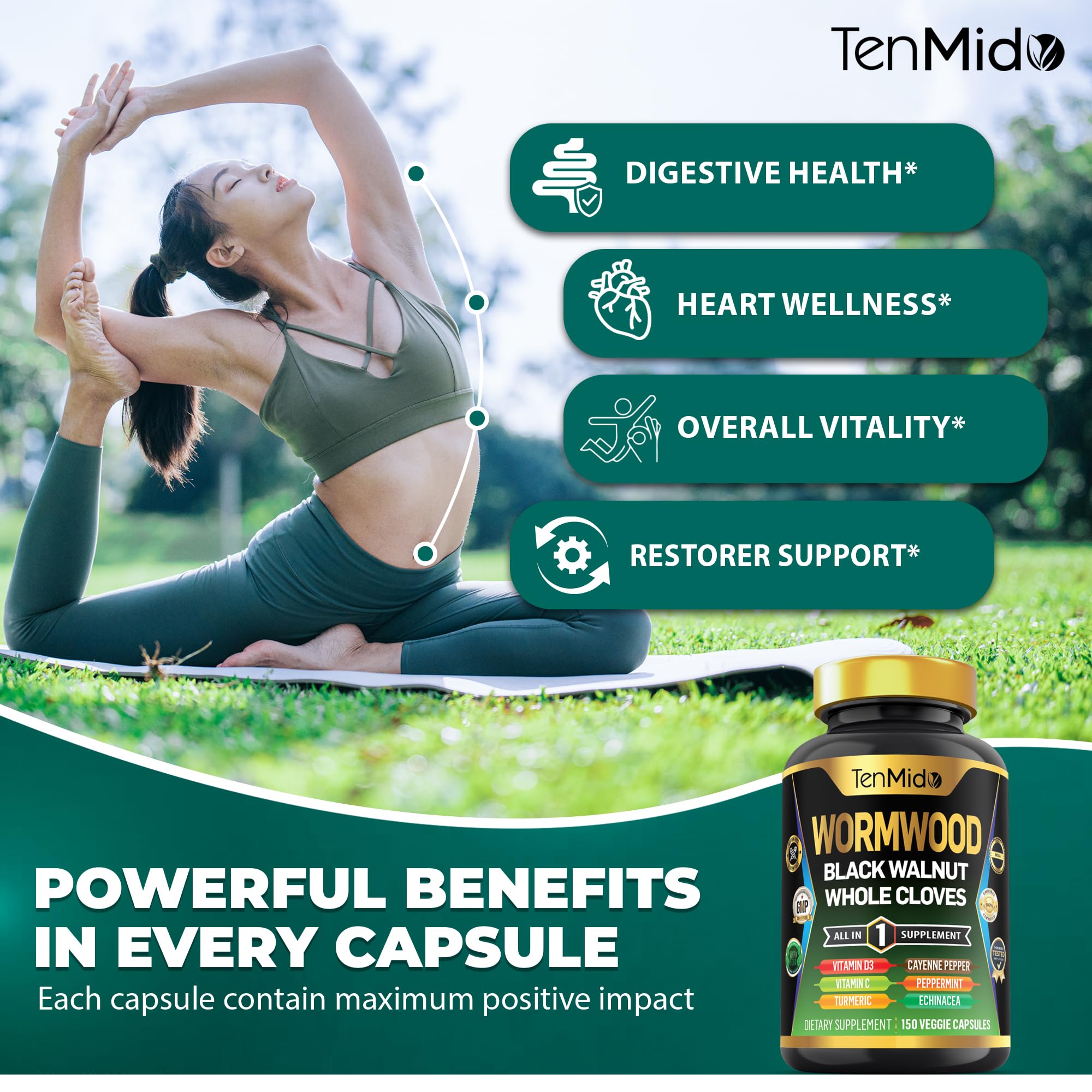 Tenmido veggie capsules 150-count bottle emphasizing plant-based, easy daily supplementation.