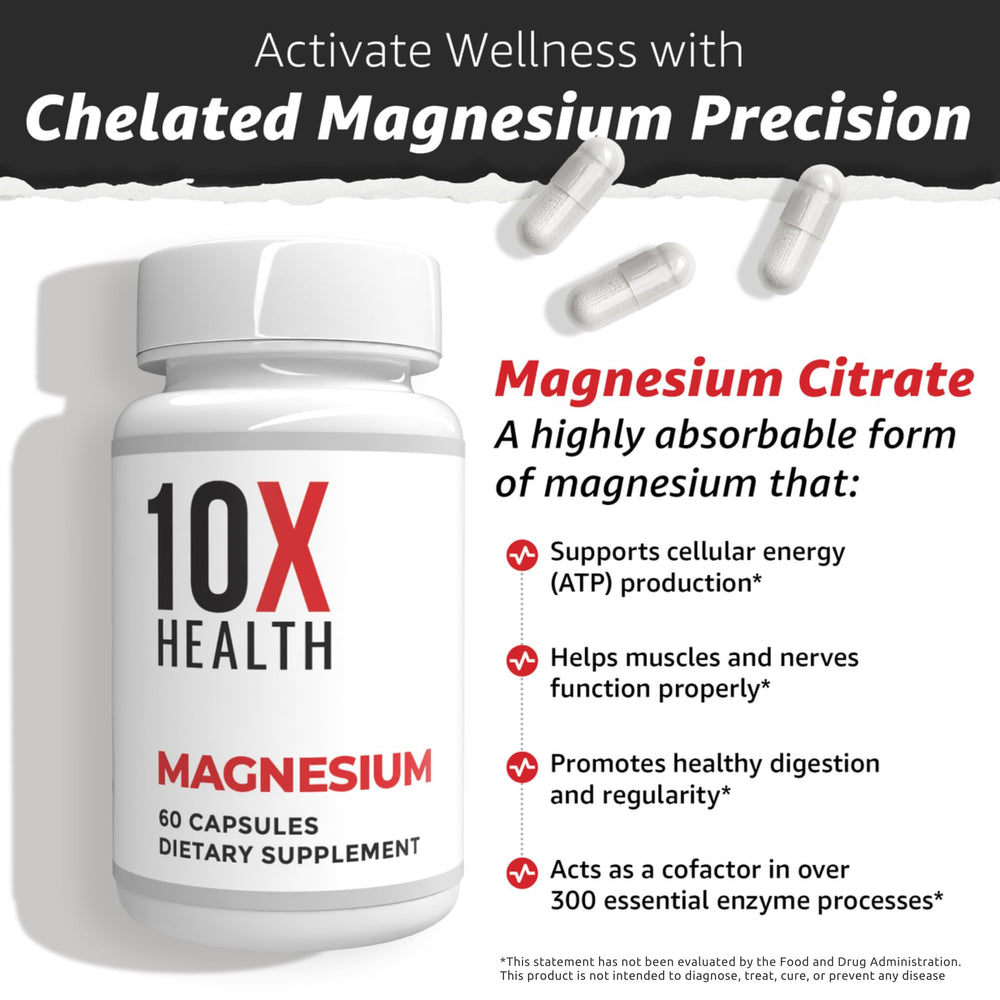 TenX Health Magnesium label view emphasizes quality ingredients and certifications.