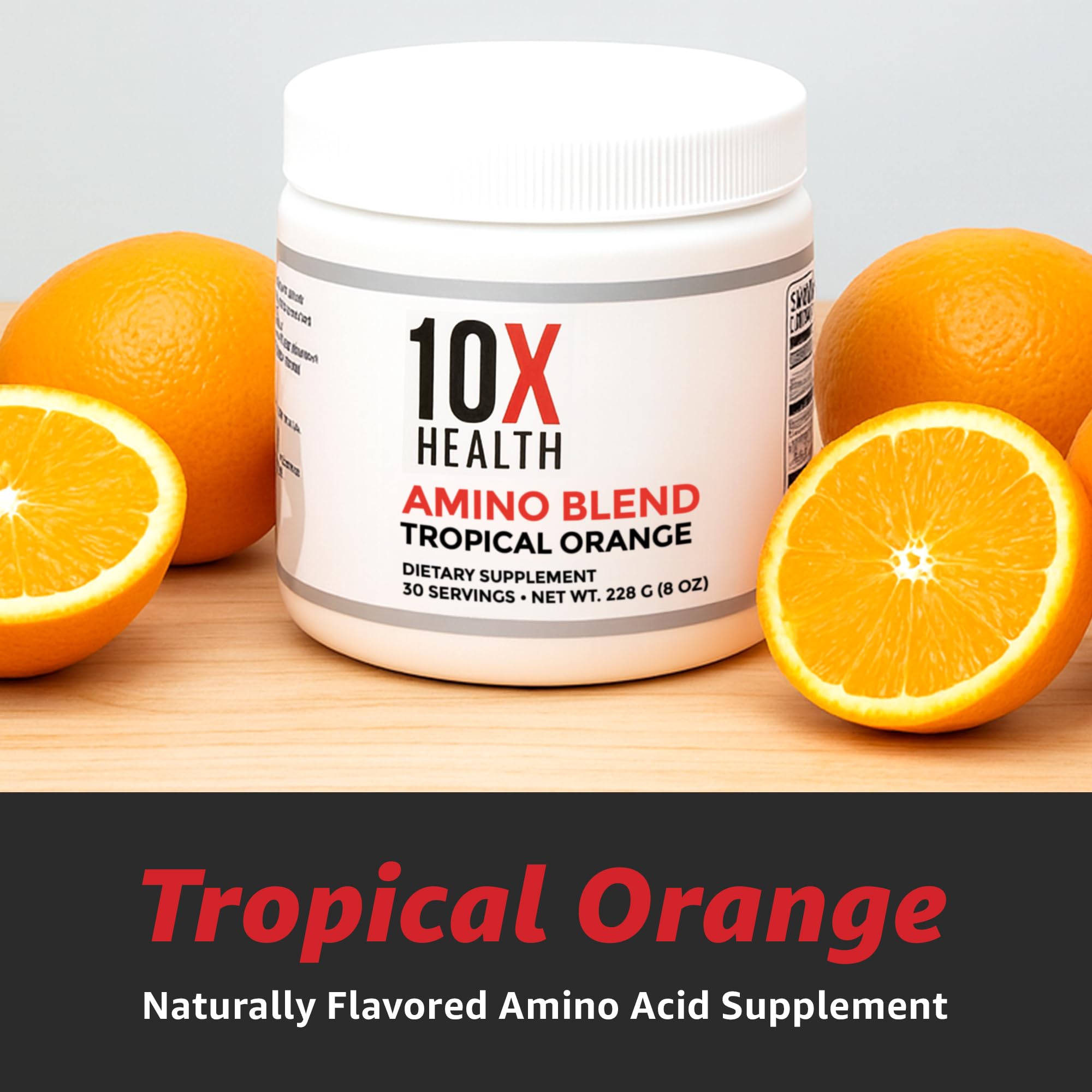 Close-up of serving-size label on 10X Health System amino acids tub.