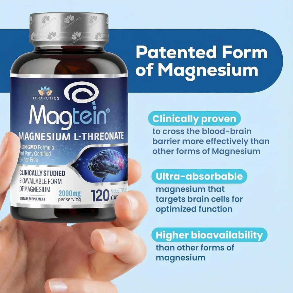 Teraputics Magtein capsules close-up showcasing vegan non-GMO formula.
