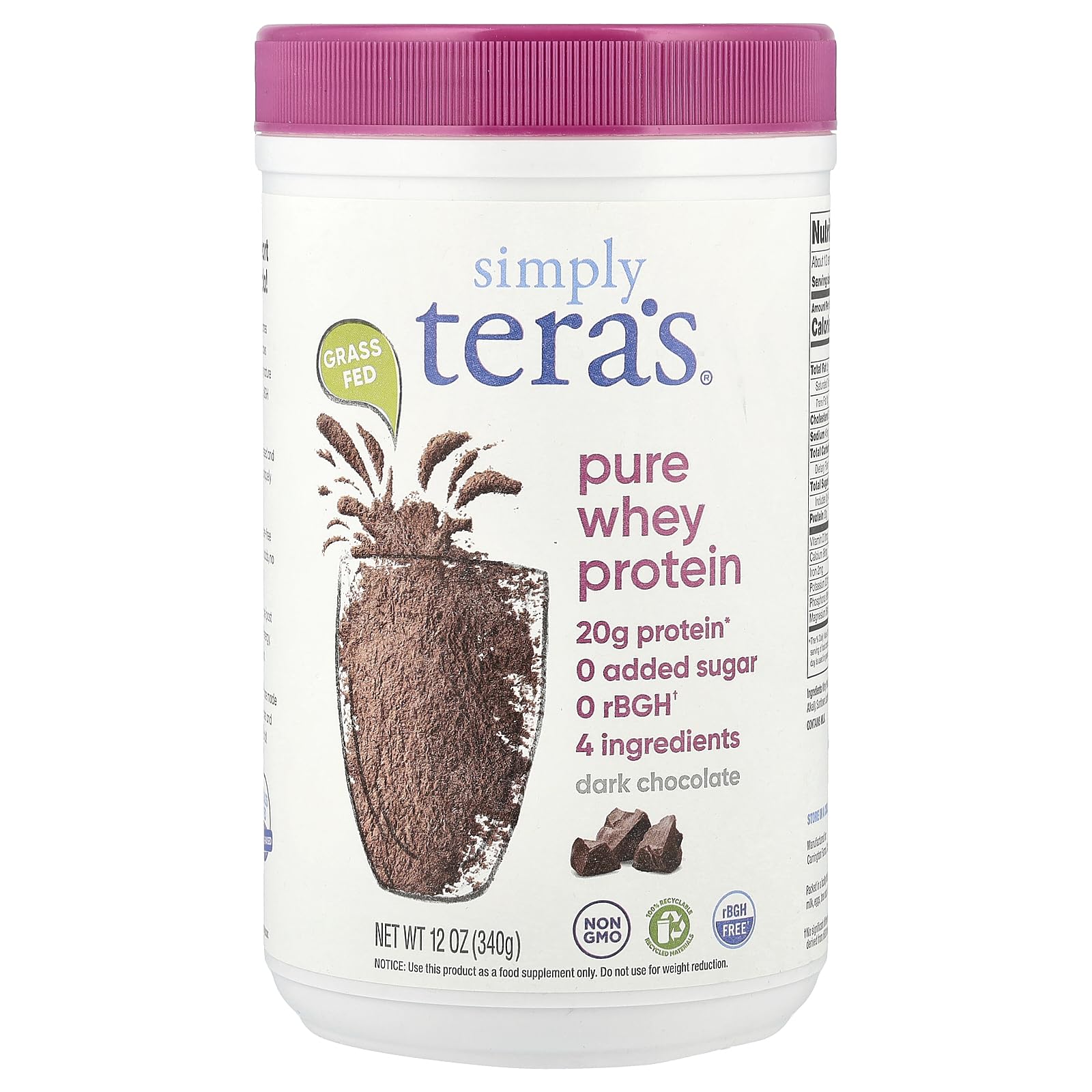 Tera's Whey Dark Chocolate bottle shows 12 oz for convenient daily protein.
