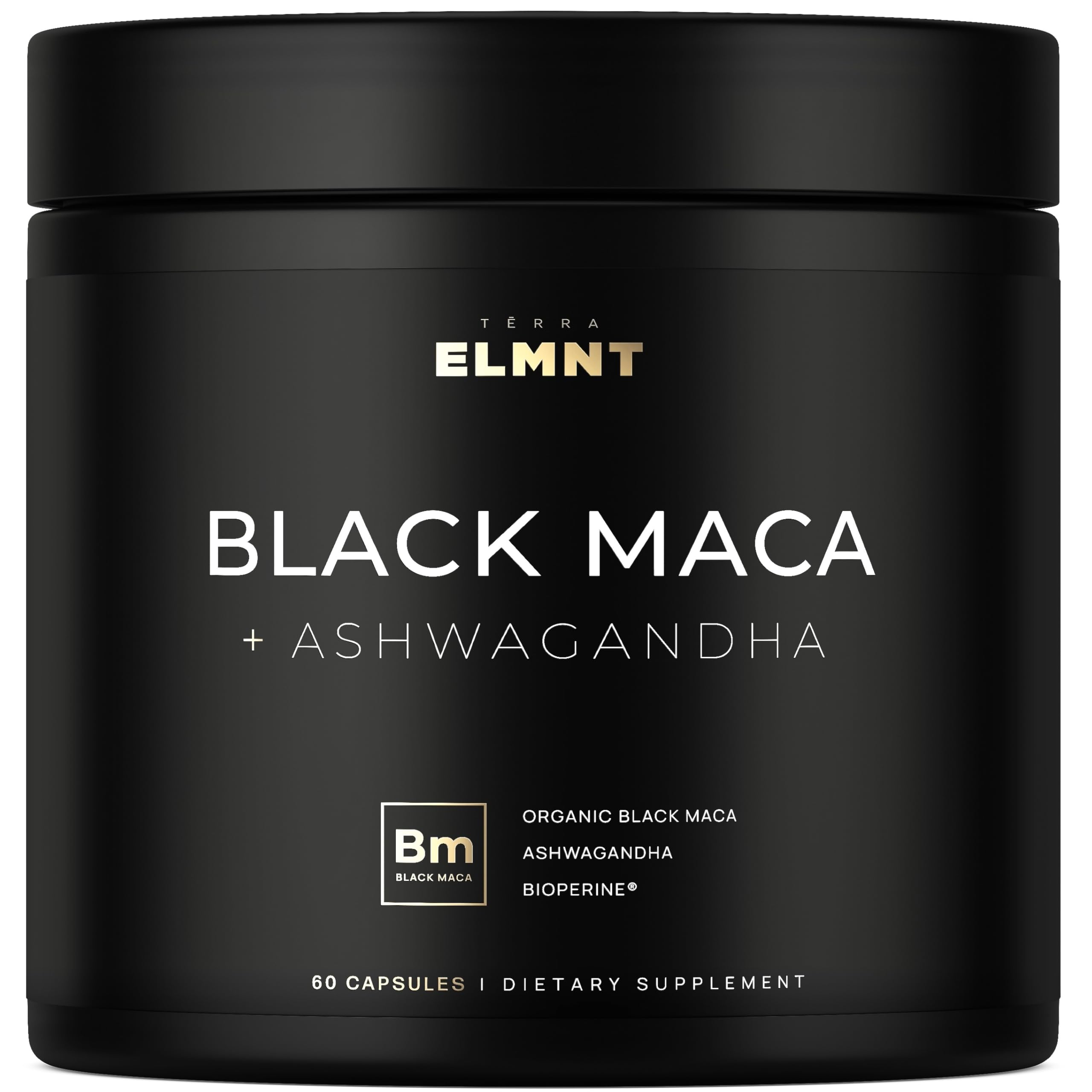 TERRA ELMNT black maca capsules bottle emphasizes high potency for daily energy and stamina.
