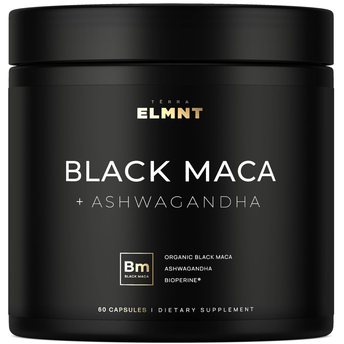 TERRA ELMNT black maca capsules bottle emphasizes high potency for daily energy and stamina.