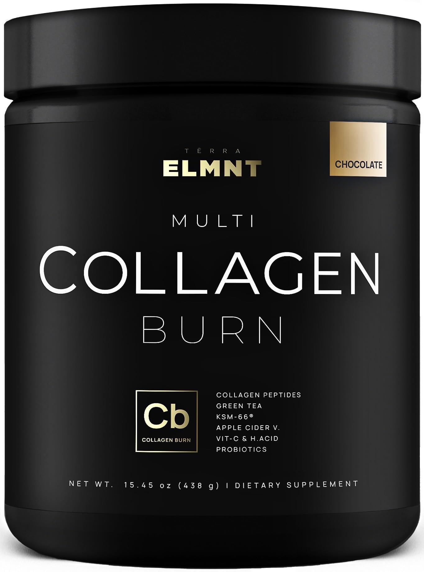 Terra Elmnt Chocolate Collagen Burn drink bottle, creamy shake for radiant skin.