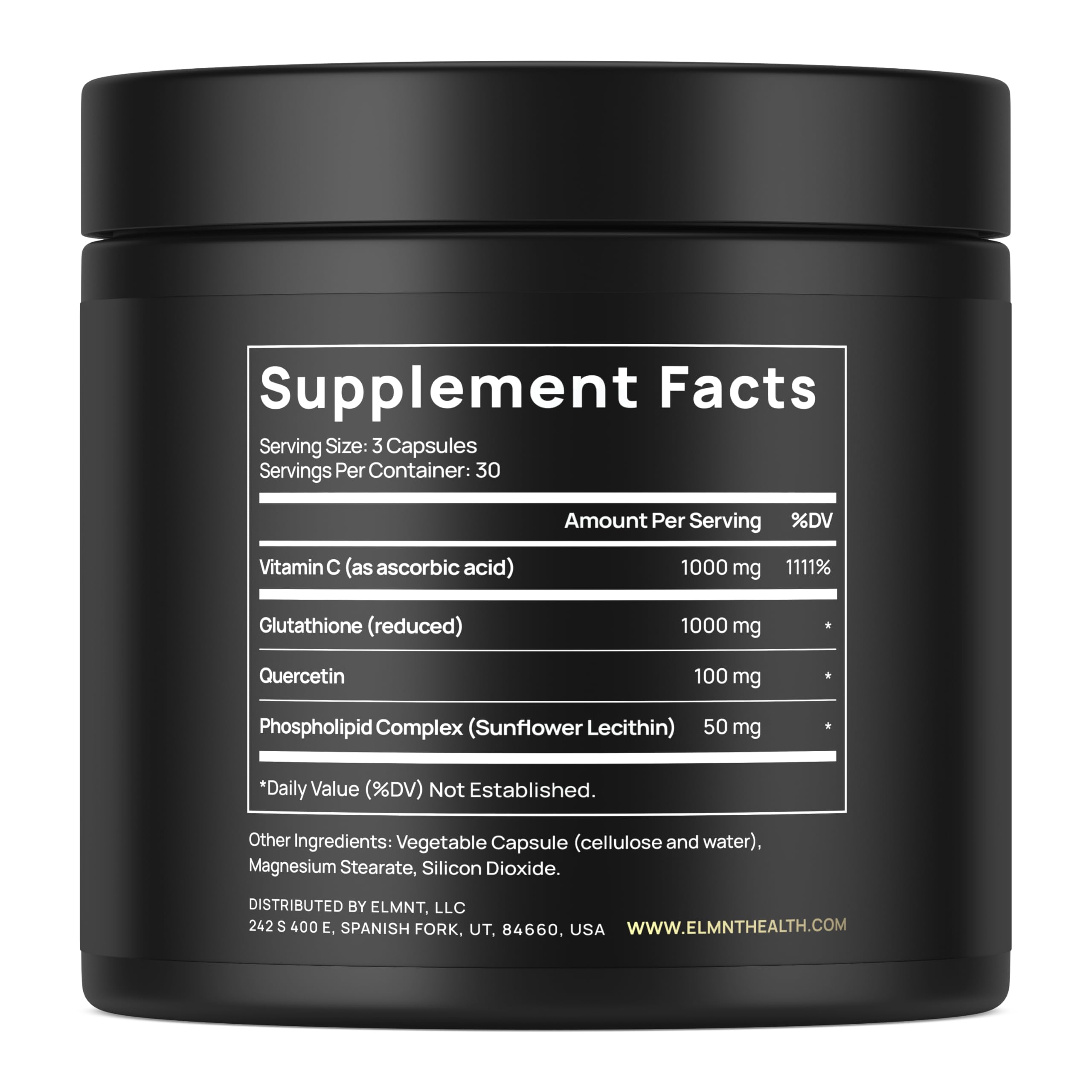 Terra Elmnt glutathione capsules with vitamin C and quercetin demonstrate high-strength formulation.