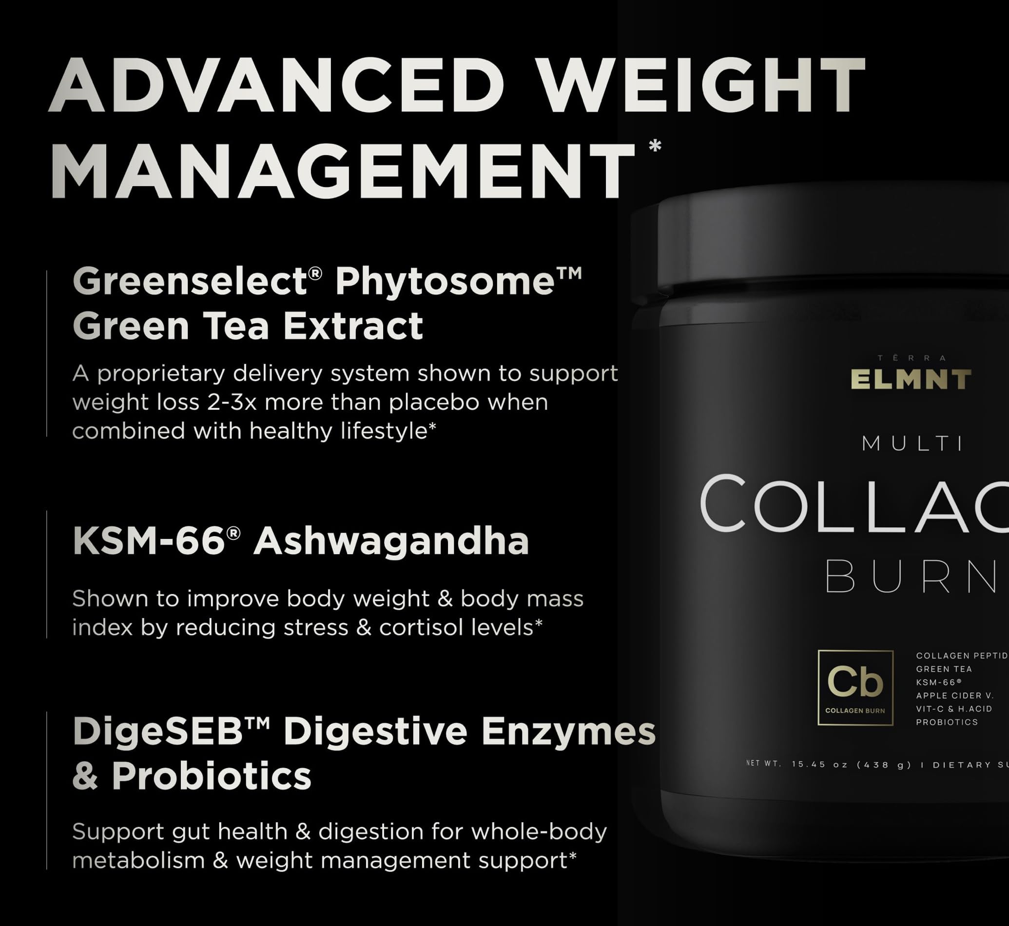 Terra Elmnt Green Tea and ACV ingredients visual promoting metabolism.
