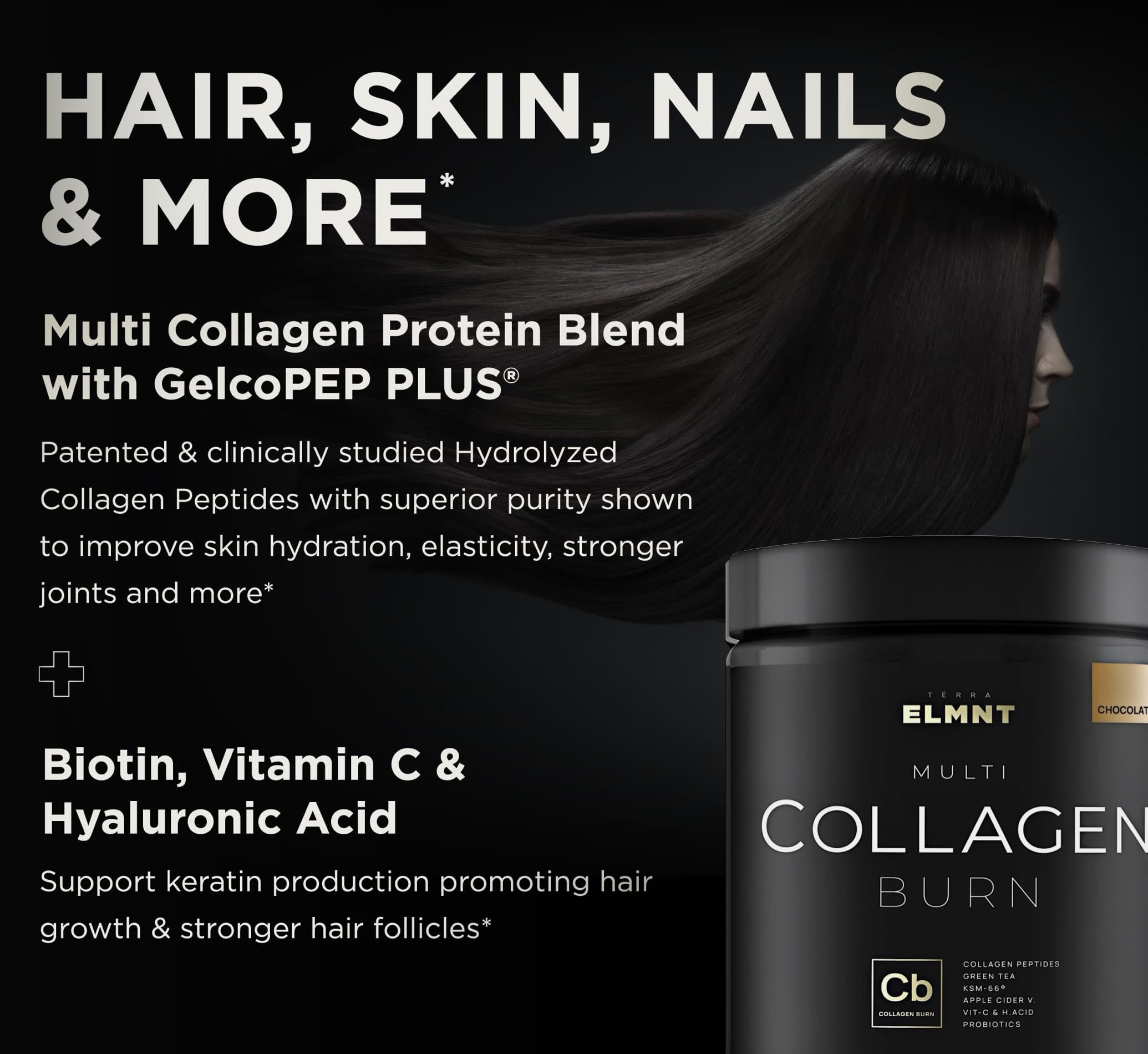 Terra Elmnt hyaluronic acid and biotin capsule image for hydration and nail strength.