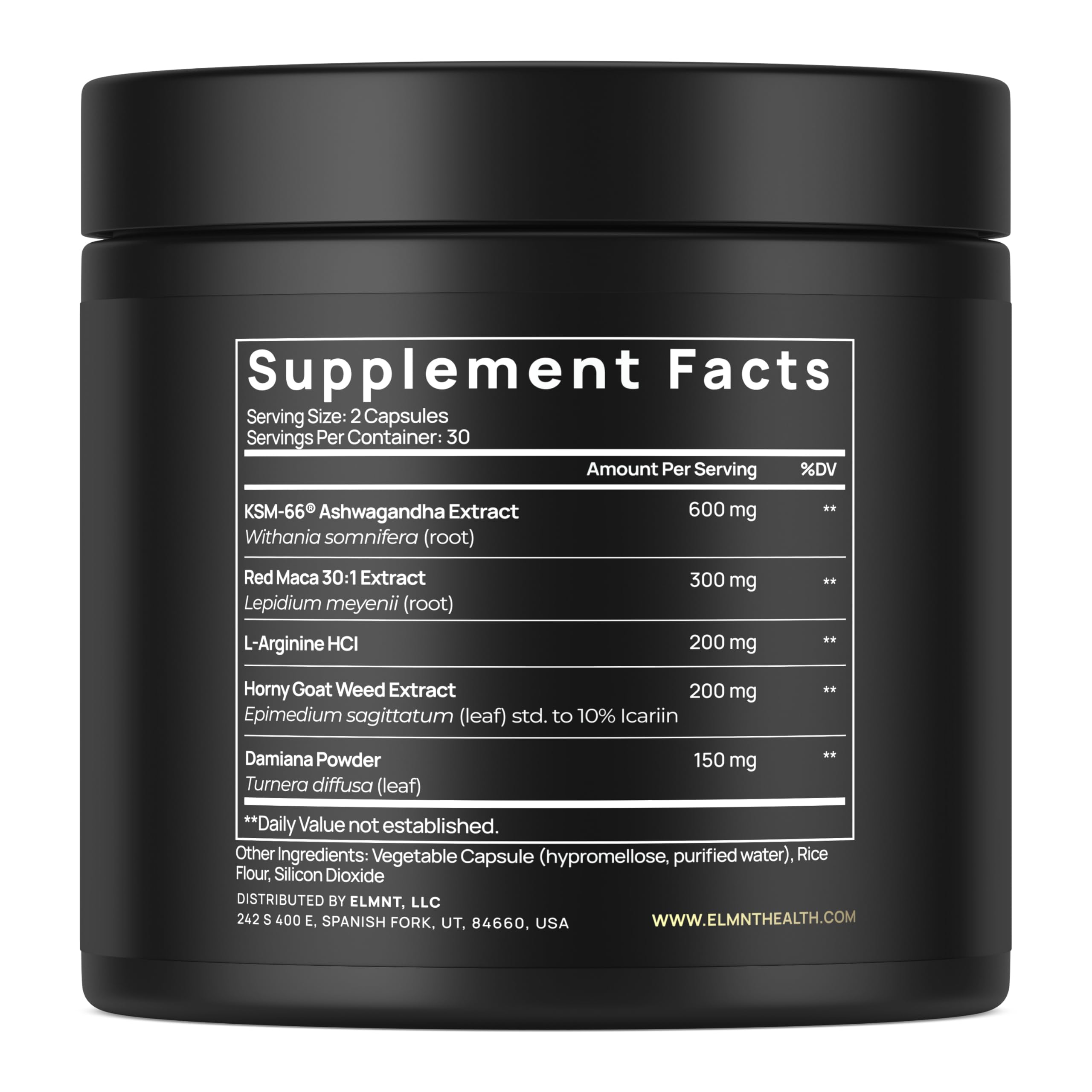 Close-up of Terra Elmnt capsules showing Red Maca and KSM-66 for energy and mood
