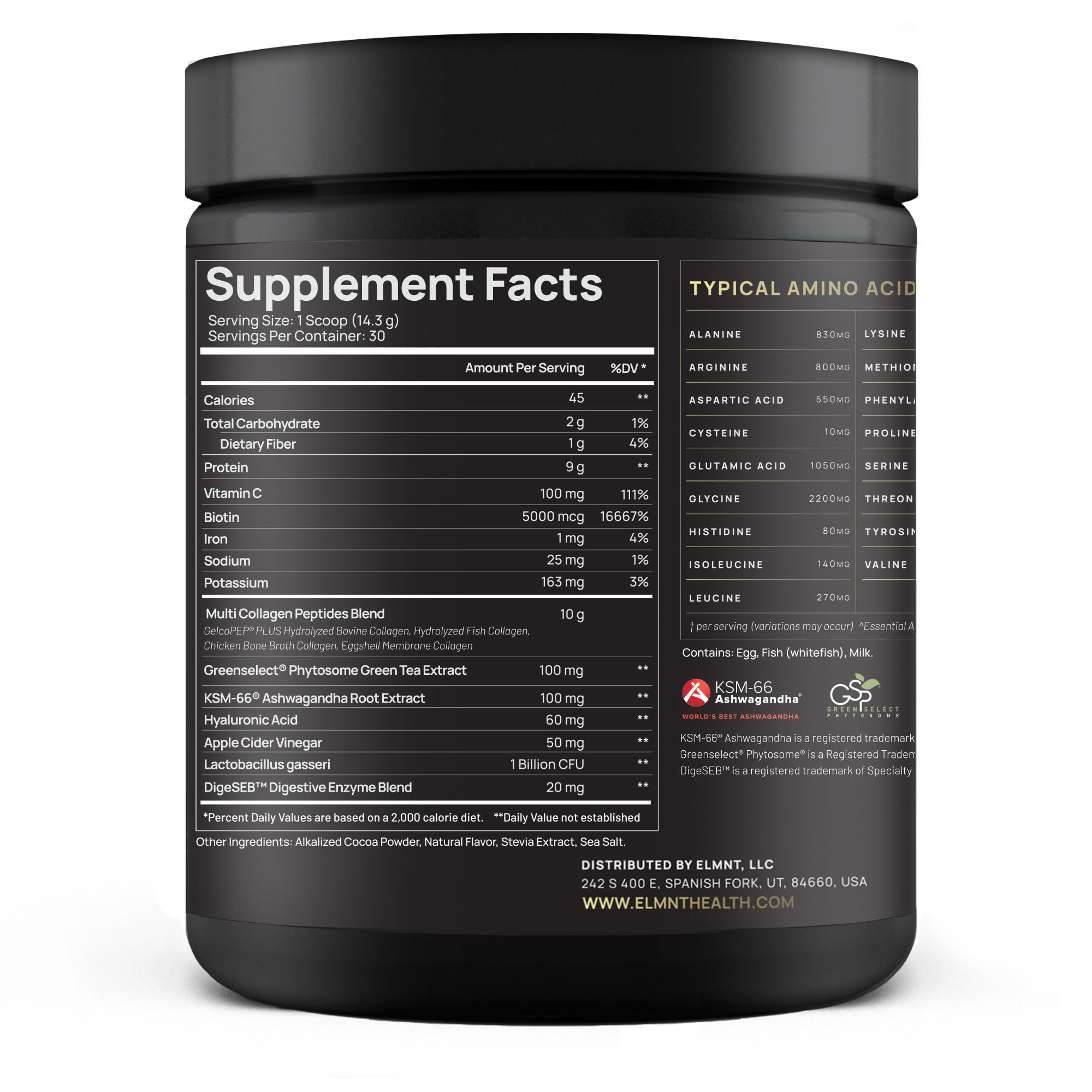 Terra Elmnt multi collagen peptides powder container highlighting skin, hair, nails support.