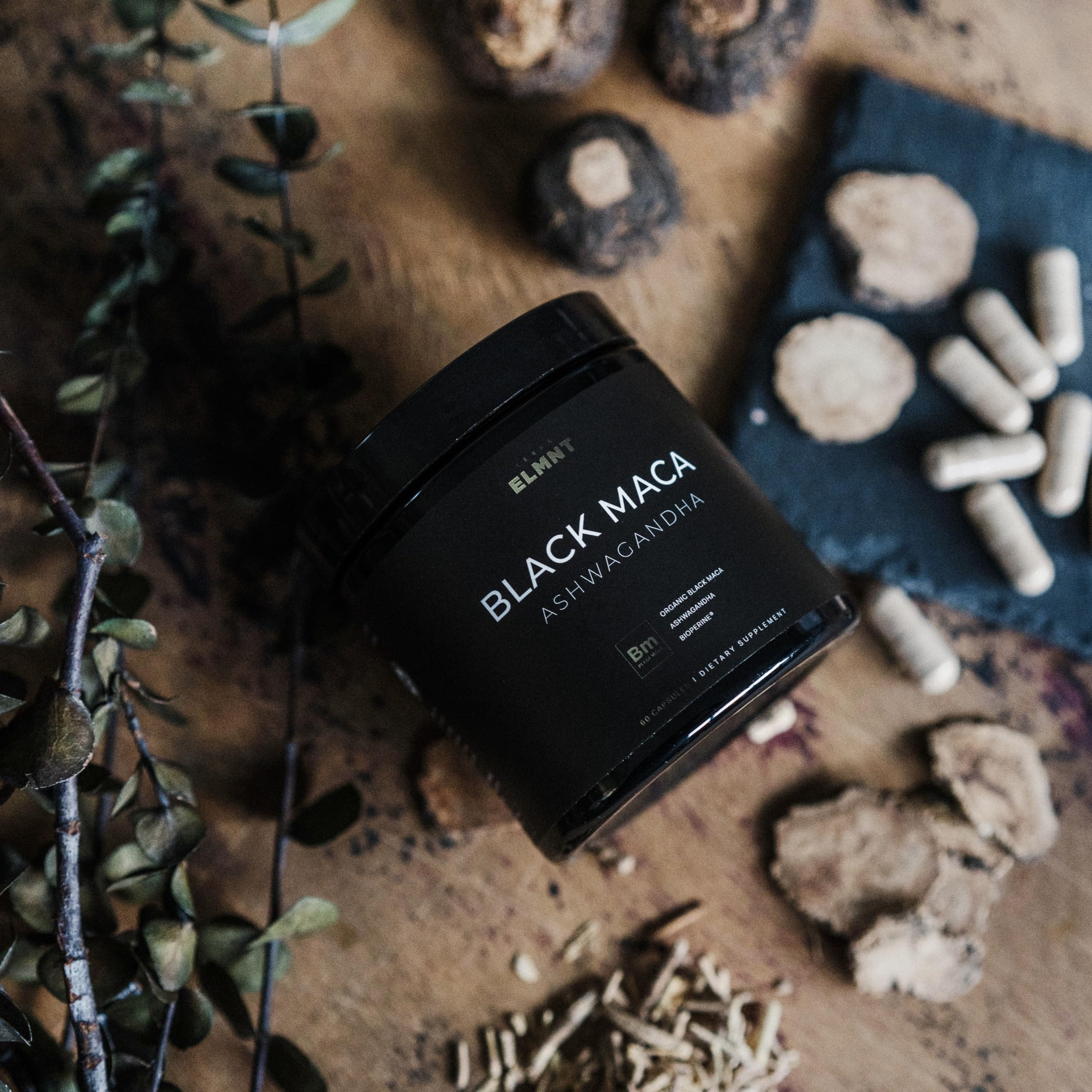 TERRA ELMNT organic Peruvian black maca root powder emphasizes purity and origin from Peru.