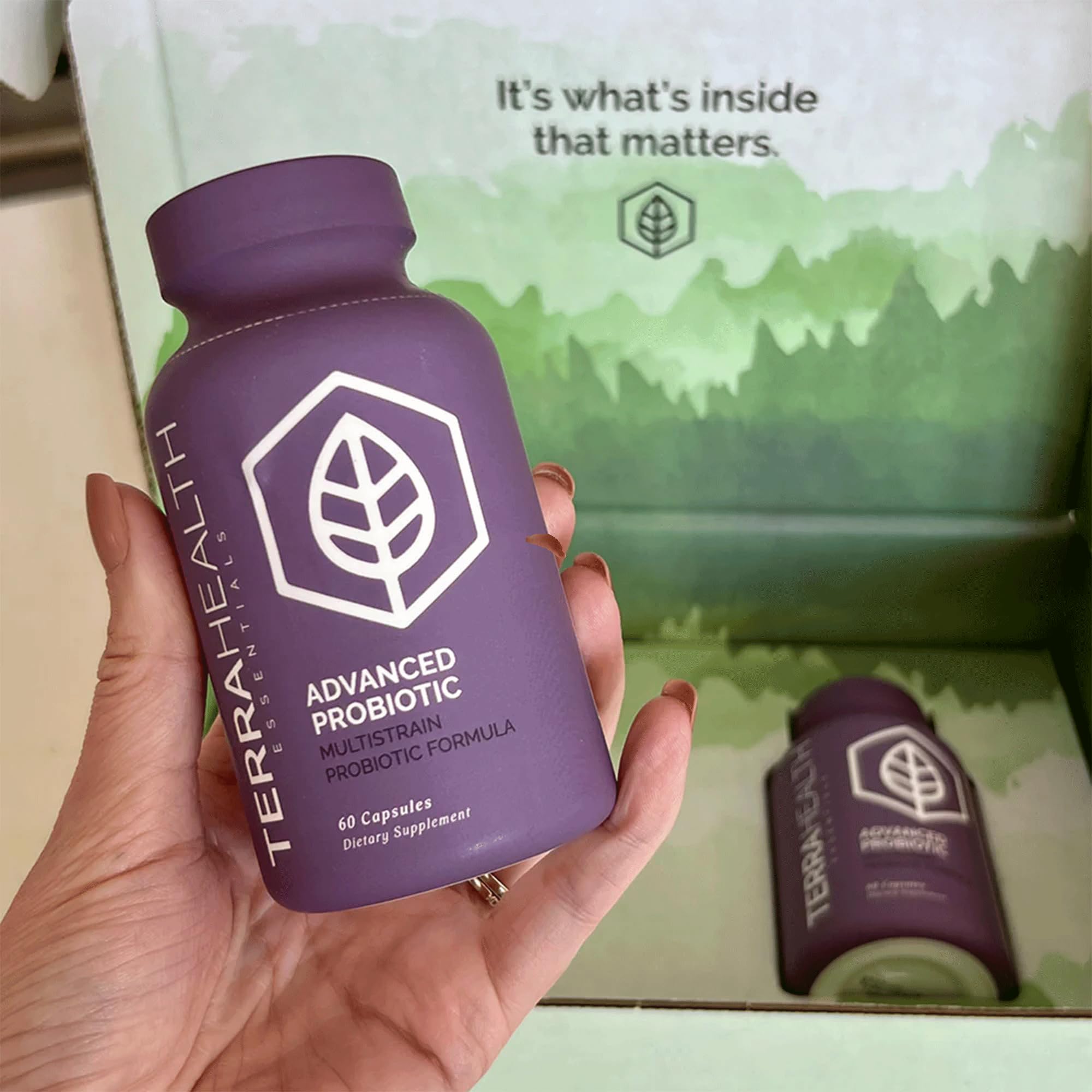 Terra Health Essentials Advanced Probiotics packaging unboxed, showcasing eco-conscious packaging.