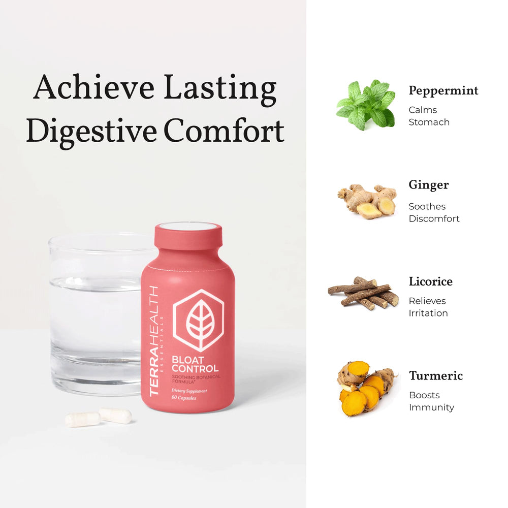 Peppermint and ginger visuals associated with Terra Health Essentials, hinting at natural anti-bloat power.