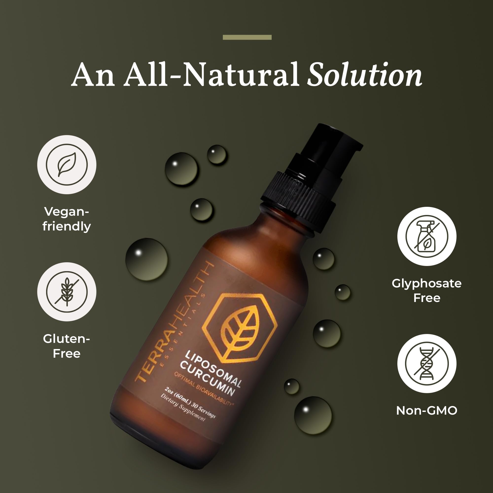Drops dispensed into a glass from Terra Health Essentials bottle for easy mixing.