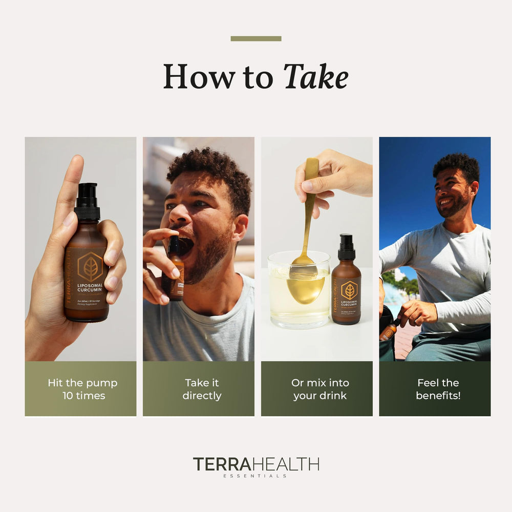 Amber Terra Health Essentials bottle with drops beside a beverage.