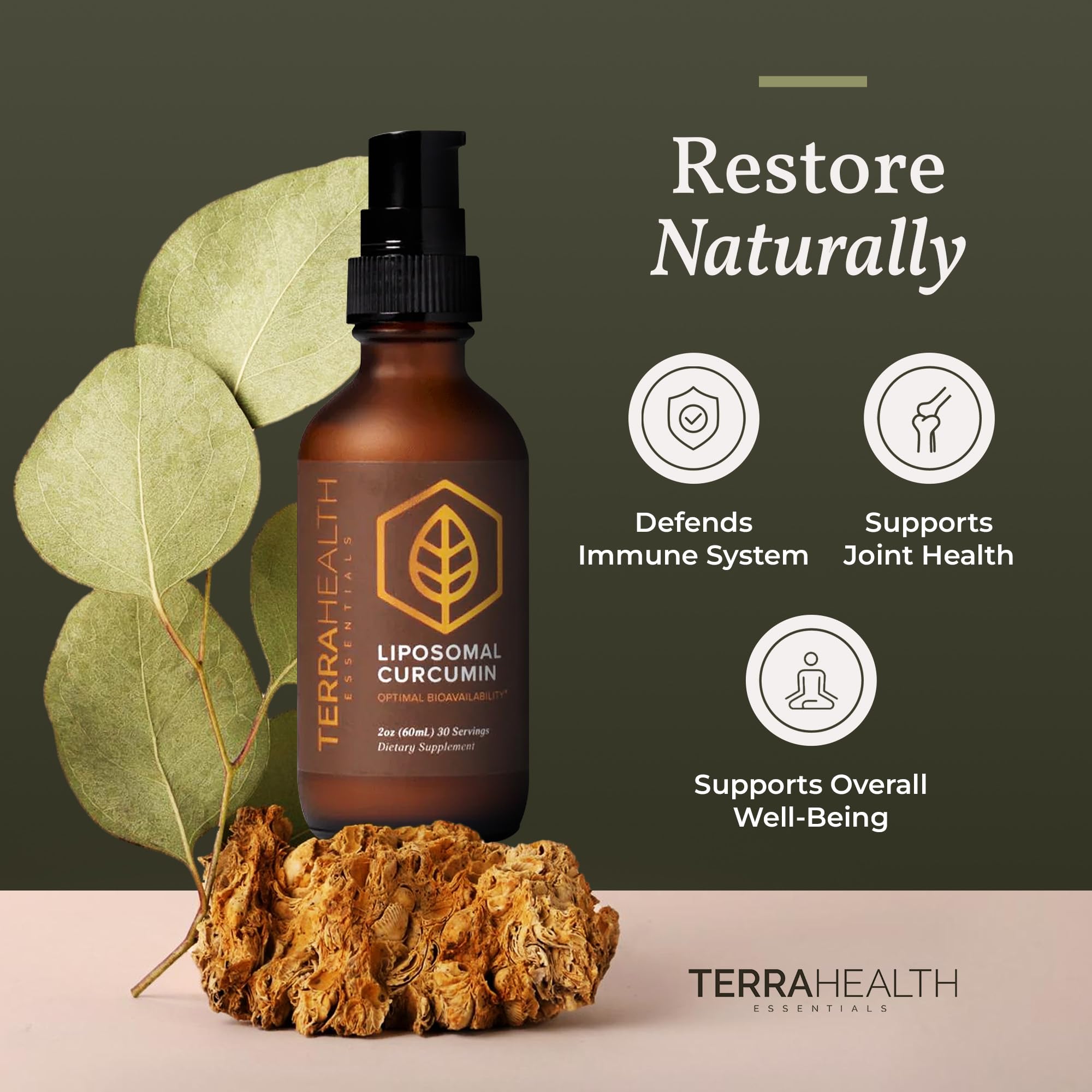 Label on Terra Health Essentials drops highlights turmeric and black pepper.