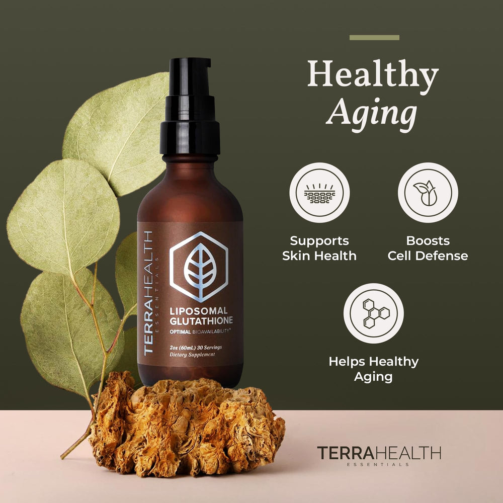 Terra Health Essentials liposomal glutathione bottle pump demonstrating convenient dosing