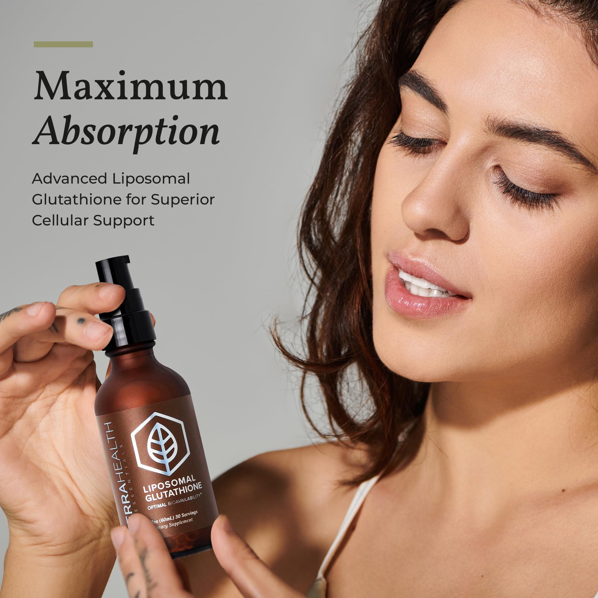 Terra Health Essentials liposomal glutathione ingredients close-up with glutathione alpha-lipoic acid CoQ10