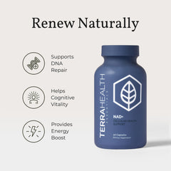 Terra Health Essentials NAD+ hand-held bottle conveying portability and convenience