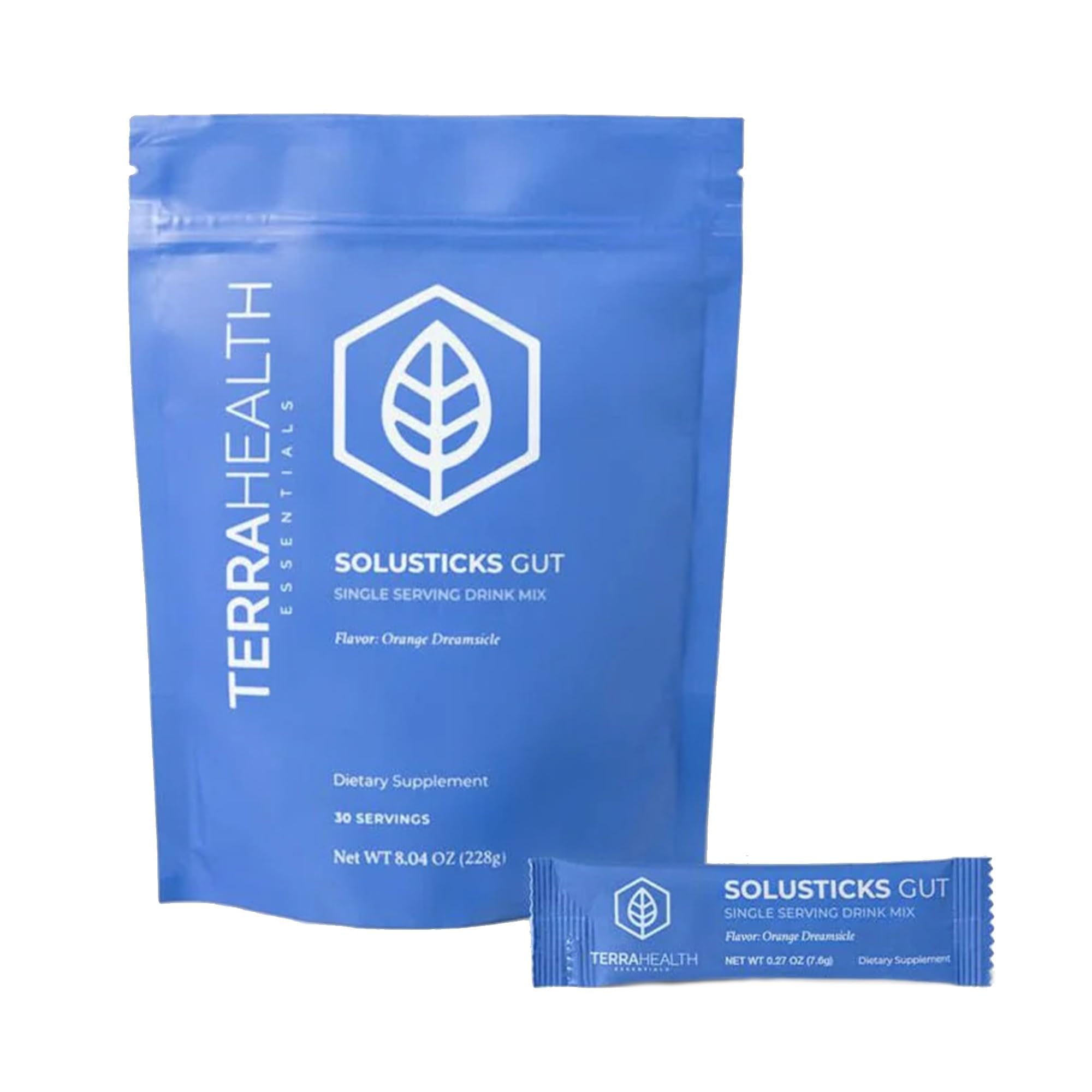 Terra Health Essentials Solusticks Gut bottle pouring orange flavor for on-the-go digestive support.