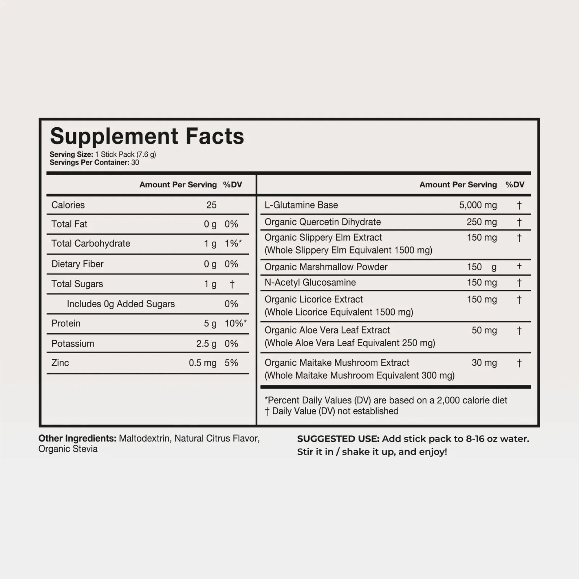Terra Health Essentials Solusticks Gut close-up highlights L-Glutamine and plant blends for nourishment.
