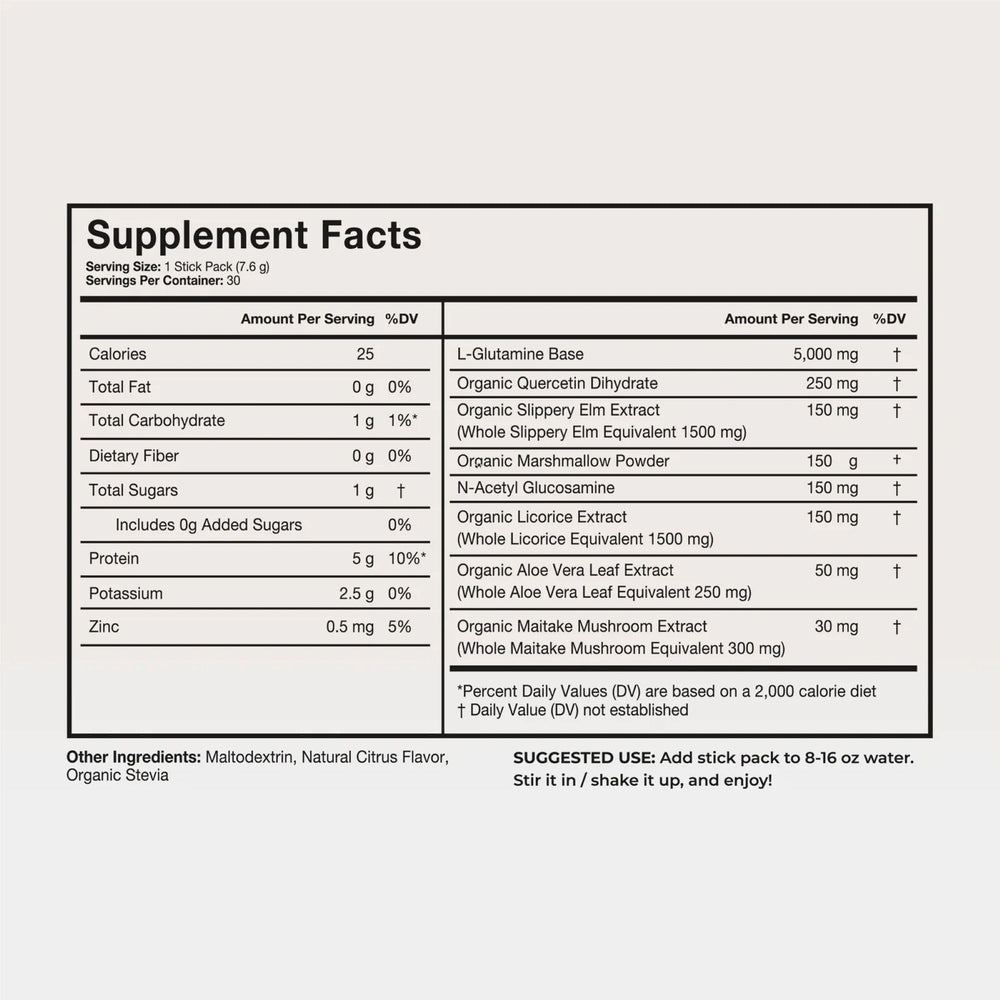 Terra Health Essentials Solusticks Gut close-up highlights L-Glutamine and plant blends for nourishment.