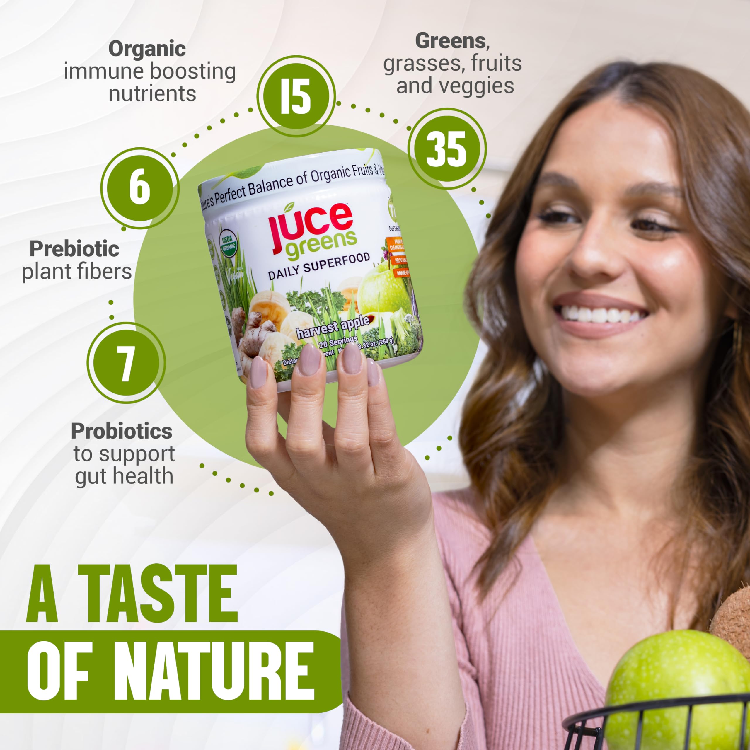 Terra Kai Organics JUCE Green harvest apple bottle for smoothies.