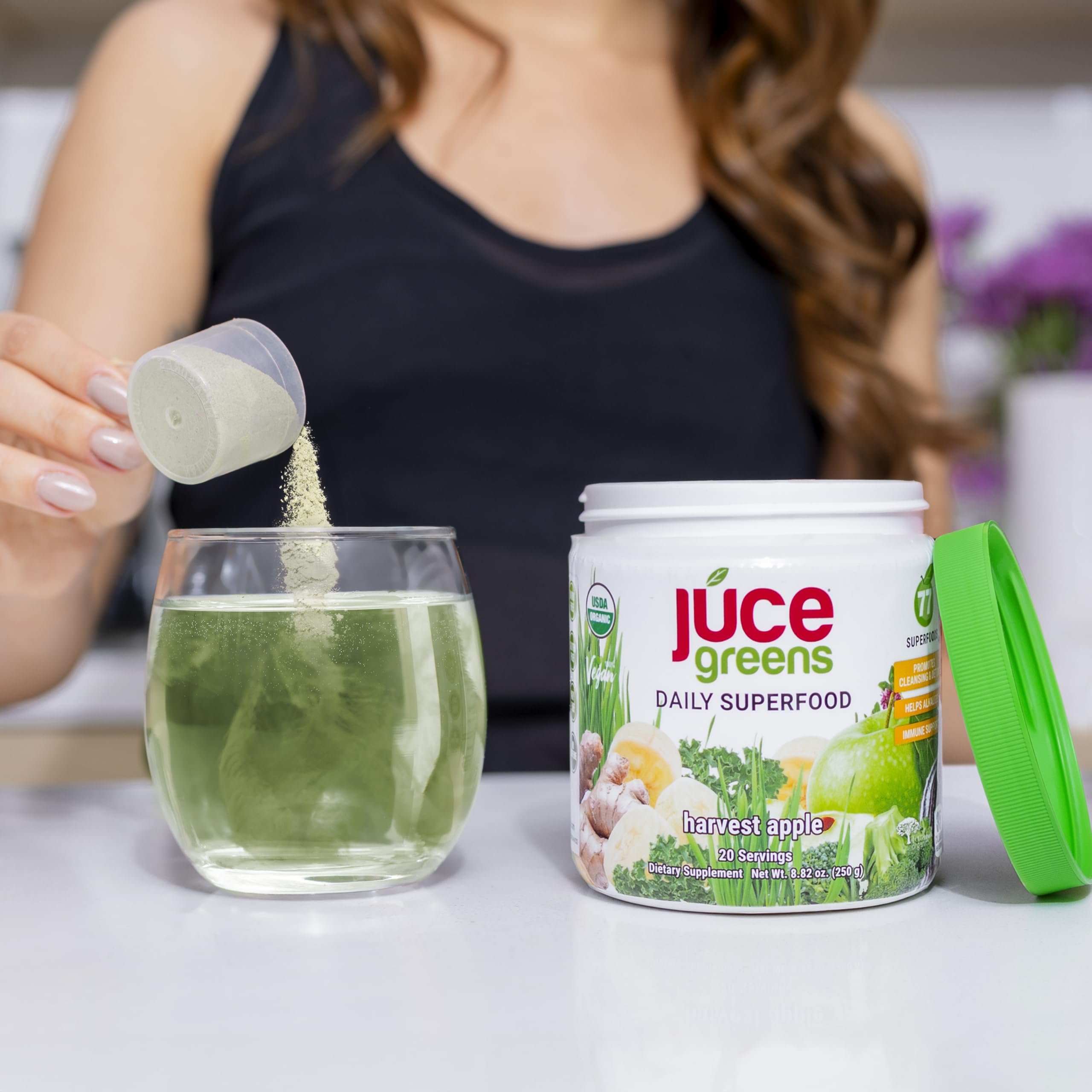Terra Kai Organics JUCE Green packaging highlights organic, non-GMO ingredients.
