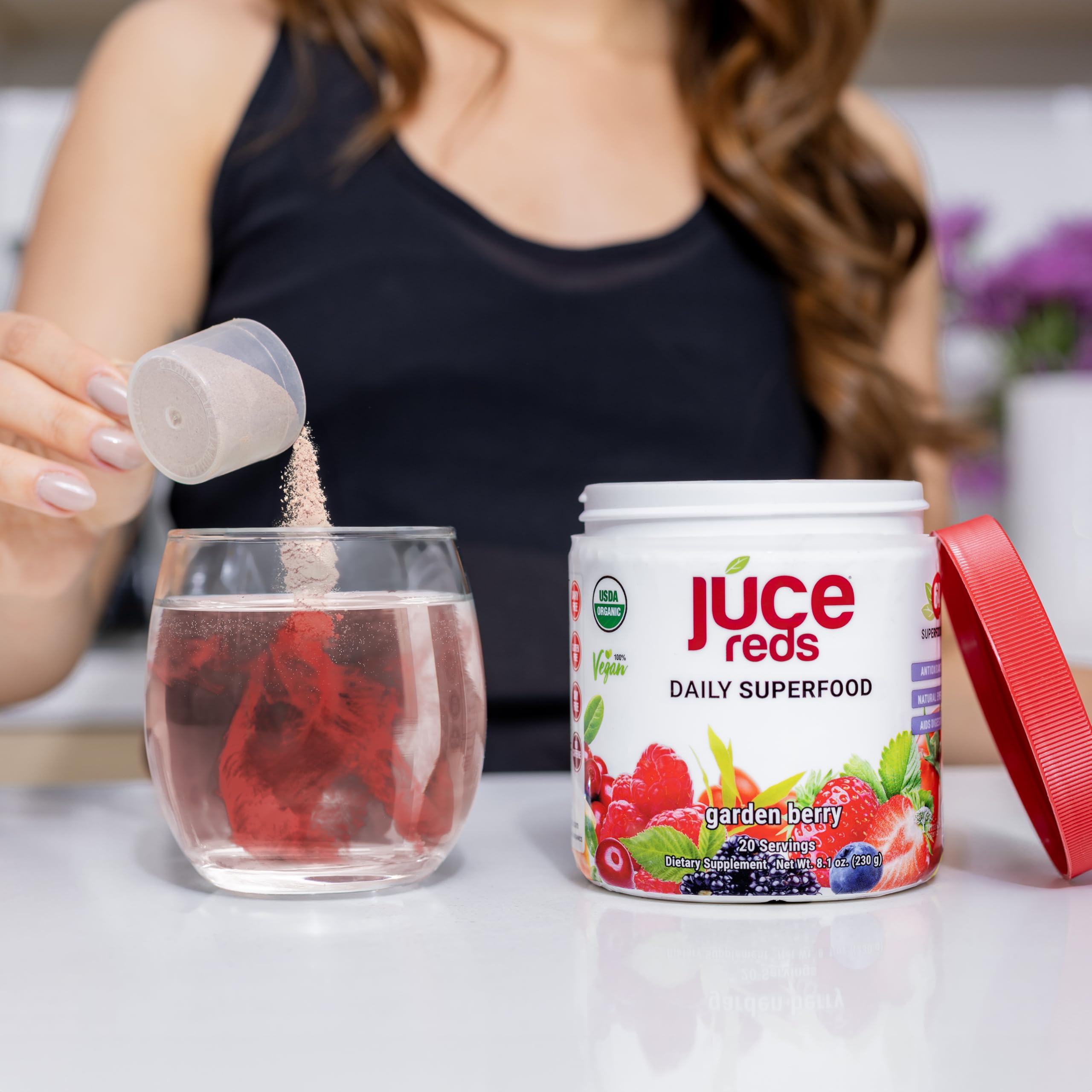 Terra Kai JUCE Reds berry fruit powder evokes garden freshness.