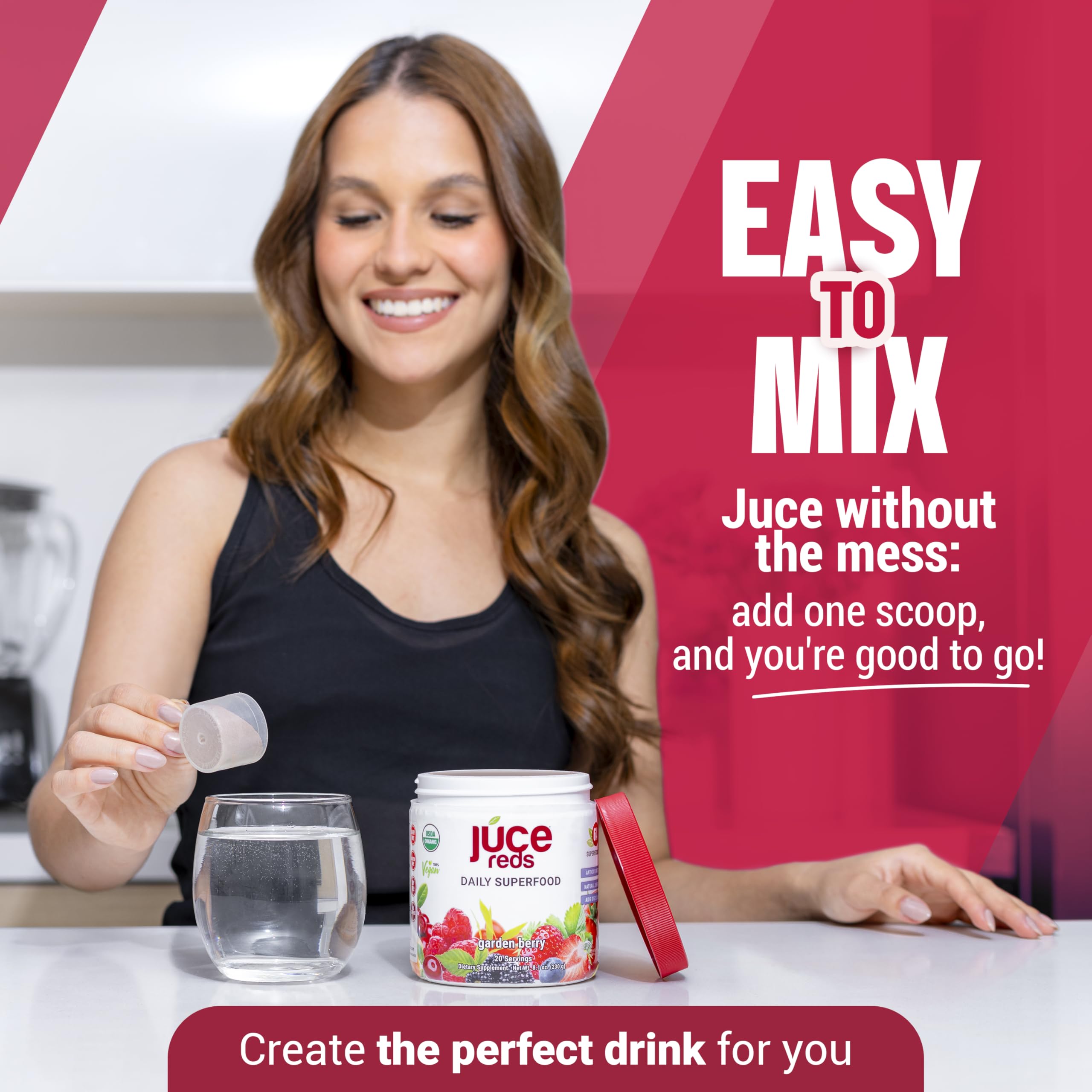 Terra Kai JUCE Reds ingredients pack highlights 64 superfoods and probiotics.