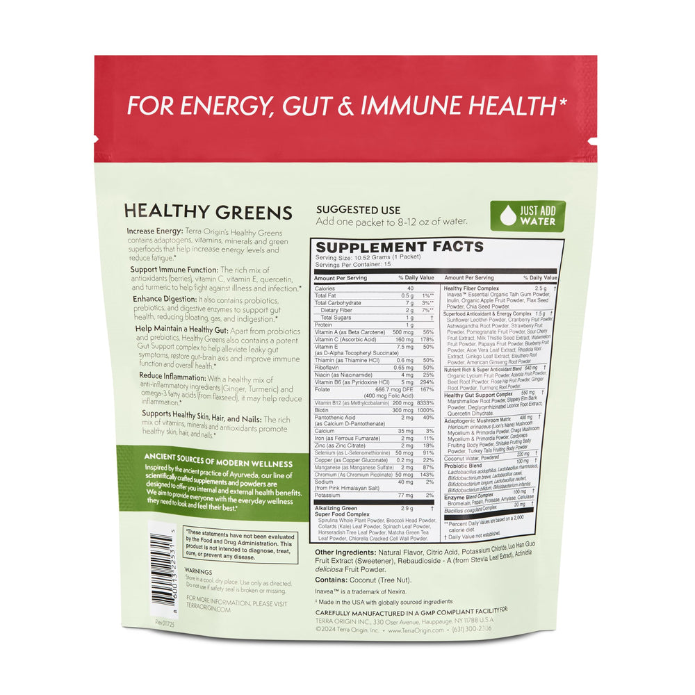 Terra Origin greens digestive enzyme blend graphic highlighting gut support ingredients.